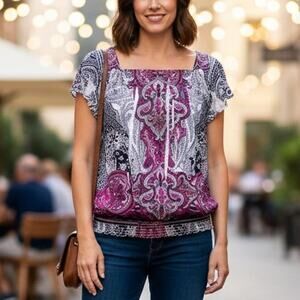 Dressbarn Black, White and Pink Print Blouse XL